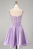 A-Line Lilac Sheer Corset 3D Flowers Beaded Short Homecoming Dress with Ruffles