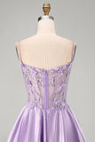 A-Line Lilac Sheer Corset 3D Flowers Beaded Short Homecoming Dress with Ruffles