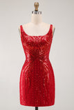 Sparkly Burgundy Bodycon Sequins Square Neck Short Homecoming Dress