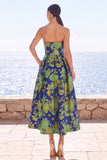 Pink Flower Strapless A-Line Jacquard Midi Dress