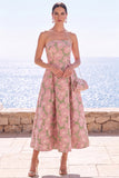 Pink Flower Strapless A-Line Jacquard Midi Dress