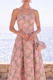 Pink Flower Strapless A-Line Jacquard Midi Dress