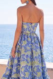 Dark Green Strapless A-Line Jacquard Midi Floral Dress with Ruffles