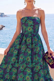 Dark Green Strapless A-Line Jacquard Midi Floral Dress with Ruffles