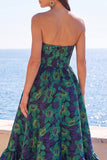 Dark Green Strapless A-Line Jacquard Midi Floral Dress with Ruffles