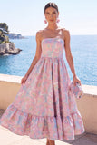 Dark Green Strapless A-Line Jacquard Midi Floral Dress with Ruffles