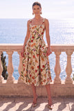 Apricot Square Neck A-Line Jacquard Floral Midi Dress