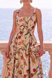 Apricot Square Neck A-Line Jacquard Floral Midi Dress
