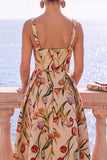 Apricot Square Neck A-Line Jacquard Floral Midi Dress