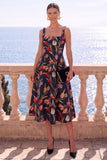 Apricot Square Neck A-Line Jacquard Floral Midi Dress