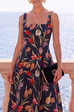 Apricot Square Neck A-Line Jacquard Floral Midi Dress