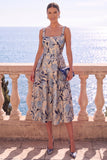Apricot Square Neck A-Line Jacquard Floral Midi Dress