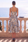 Apricot Square Neck A-Line Jacquard Floral Midi Dress