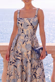 Apricot Square Neck A-Line Jacquard Floral Midi Dress