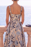 Apricot Square Neck A-Line Jacquard Floral Midi Dress