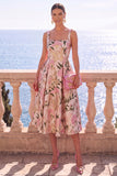 Apricot Square Neck A-Line Jacquard Floral Midi Dress