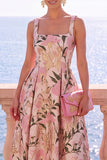 Apricot Square Neck A-Line Jacquard Floral Midi Dress