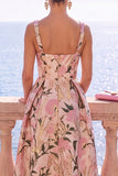 Apricot Square Neck A-Line Jacquard Floral Midi Dress