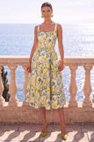 Apricot Square Neck A-Line Jacquard Floral Midi Dress
