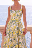 Apricot Square Neck A-Line Jacquard Floral Midi Dress
