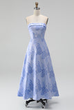 A-Line Jacquard Blue Strapless Floral Midi Dress