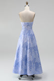 A-Line Jacquard Blue Strapless Floral Midi Dress