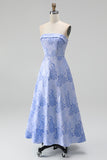 A-Line Jacquard Blue Strapless Floral Midi Dress