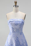 A-Line Jacquard Blue Strapless Floral Midi Dress