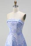A-Line Jacquard Blue Strapless Floral Midi Dress