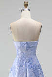 A-Line Jacquard Blue Strapless Floral Midi Dress