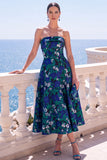 A-Line Jacquard Blue Strapless Floral Midi Dress