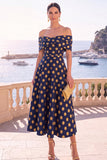 Navy Green Flower Off the Shoulder A-Line Midi Dress with Lace Up Back