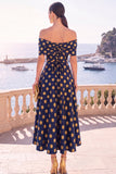 Navy Green Flower Off the Shoulder A-Line Midi Dress with Lace Up Back