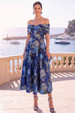 Navy Green Flower Off the Shoulder A-Line Midi Dress with Lace Up Back