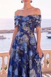 Navy Green Flower Off the Shoulder A-Line Midi Dress with Lace Up Back