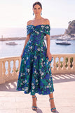 Navy Green Flower Off the Shoulder A-Line Midi Dress with Lace Up Back