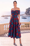 Navy Green Flower Off the Shoulder A-Line Midi Dress with Lace Up Back