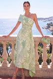 Green A-Line Jacquard Asymmetrical Midi Floral Dress