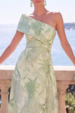Green A-Line Jacquard Asymmetrical Midi Floral Dress