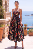Olive Sweetheart A-Line Jacquard Ruched Floral Midi Dress