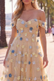 Off the Shoulder Red Flower A-Line Tulle Midi Dress with Appliques