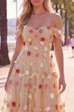 Off the Shoulder Red Flower A-Line Tulle Midi Dress with Appliques
