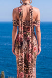 Mermaid Green Velvet Halter Neck Ruched Maxi Floral Dress
