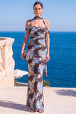 Mermaid Green Velvet Halter Neck Ruched Maxi Floral Dress