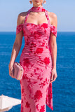 Mermaid Green Velvet Halter Neck Ruched Maxi Floral Dress
