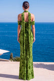 Mermaid Green Velvet Halter Neck Ruched Maxi Floral Dress