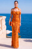 Mermaid Green Velvet Halter Neck Ruched Maxi Floral Dress