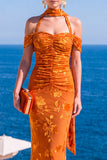 Mermaid Green Velvet Halter Neck Ruched Maxi Floral Dress