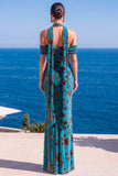 Mermaid Green Velvet Halter Neck Ruched Maxi Floral Dress