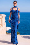 Mermaid Green Velvet Halter Neck Ruched Maxi Floral Dress
